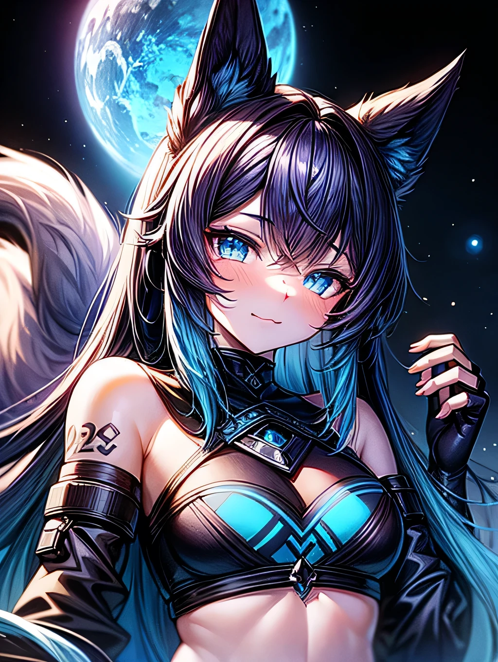 Black chacal girl, black dark fur high definition add_detail:1, black fur,kitsune ears, tribal tattoo add_detail:1,, mechon azul en el cabello,cosmic spacce landscape, pretty girl add_detail:3 18 year old girl, flirty look add_detail:3  ojos detallados  pupilas radiantes add_detail, glowing blue eyes, vista de cuerpo completo, garras en sus pies 