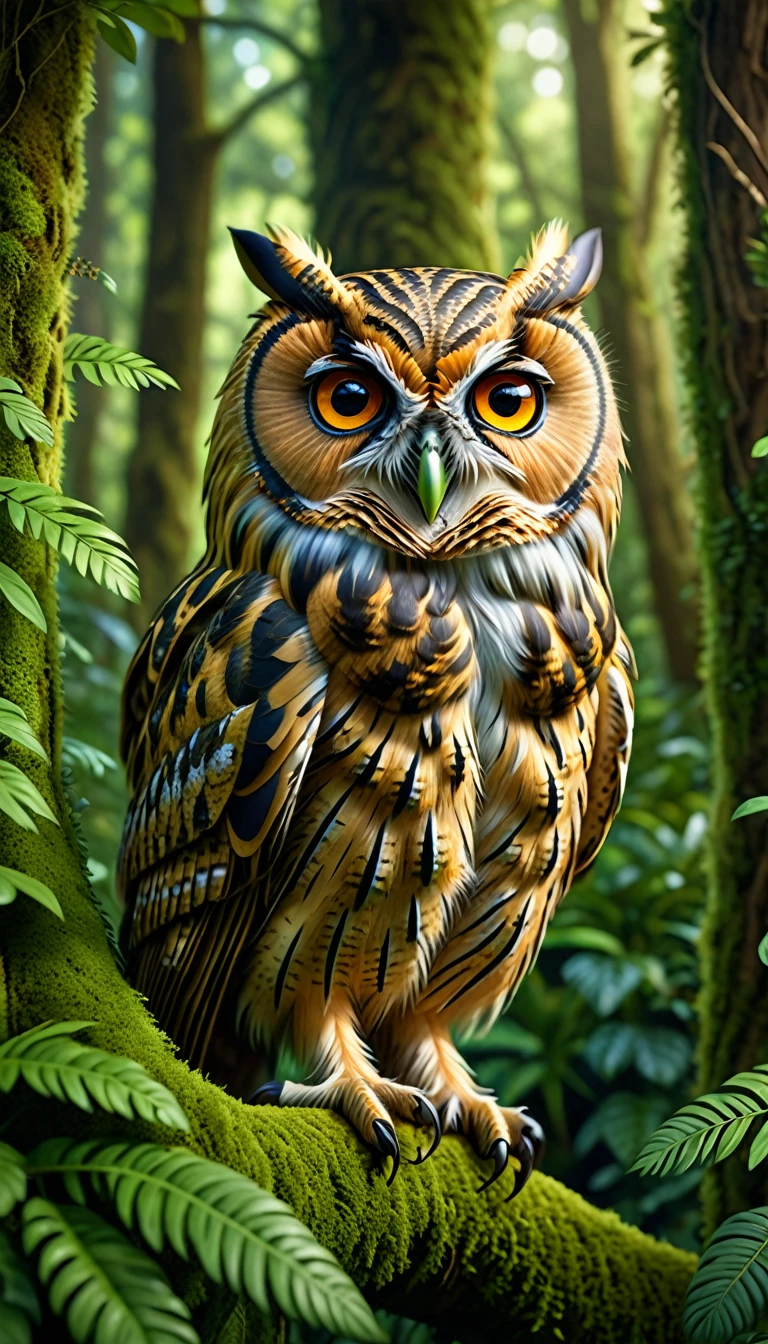 A highly detailed, hyper-realistic, and vibrant portrait of a four-eyed owl with a human-like face, perched in a lush, verdant forest, (best quality,4k,8k,highres,masterpiece:1.2),ultra-detailed,(realistic,photorealistic,photo-realistic:1.37),extremely detailed animal,intricate patterns,realistic lighting