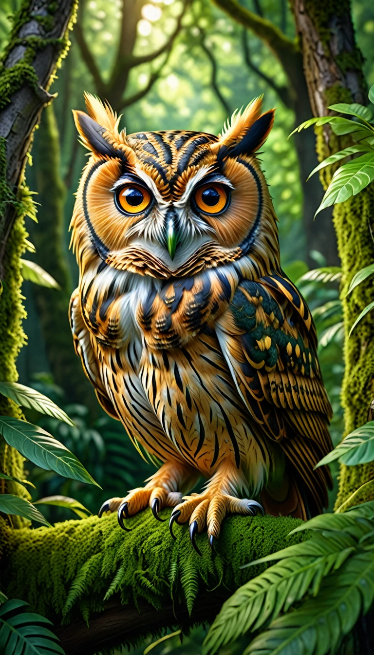 A highly detailed, hyper-realistic, and vibrant portrait of a four-eyed owl with a human-like face, perched in a lush, verdant forest, (best quality,4k,8k,highres,masterpiece:1.2),ultra-detailed,(realistic,photorealistic,photo-realistic:1.37),extremely detailed animal,intricate patterns,realistic lighting