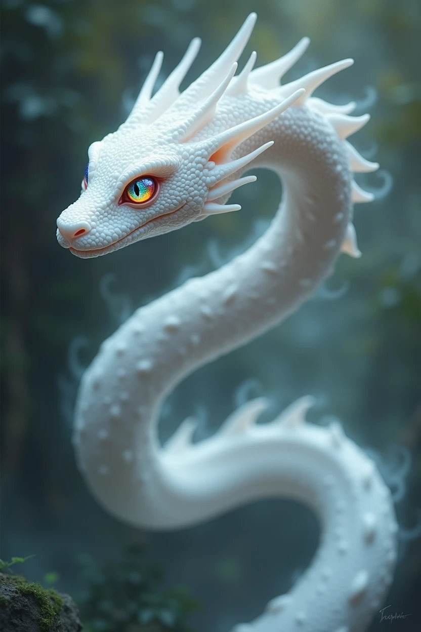 A WHITE SNAKE WITH COLORFUL EYE IN A S SHAPE