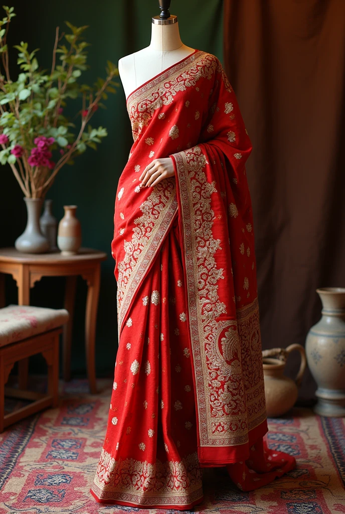 Create a detailed and vibrant image of a traditional Paithani saree from Maharashtra, India. The saree should feature intricate zari embroidery with gold and silver threads, showcasing its luxurious and rich texture. Include motifs inspired by peacocks, lotus flowers, and traditional Maharashtrian patterns. The saree should be draped elegantly on a mannequin or in a flat lay against a backdrop reminiscent of a traditional Indian textile market or a heritage setting with elements like antique wooden looms or rich silk fabrics in the background. The colors should be deep and vibrant, highlighting the saree's royal appeal, with the overall tone reflecting the timeless elegance and cultural significance of Paithani sarees.
