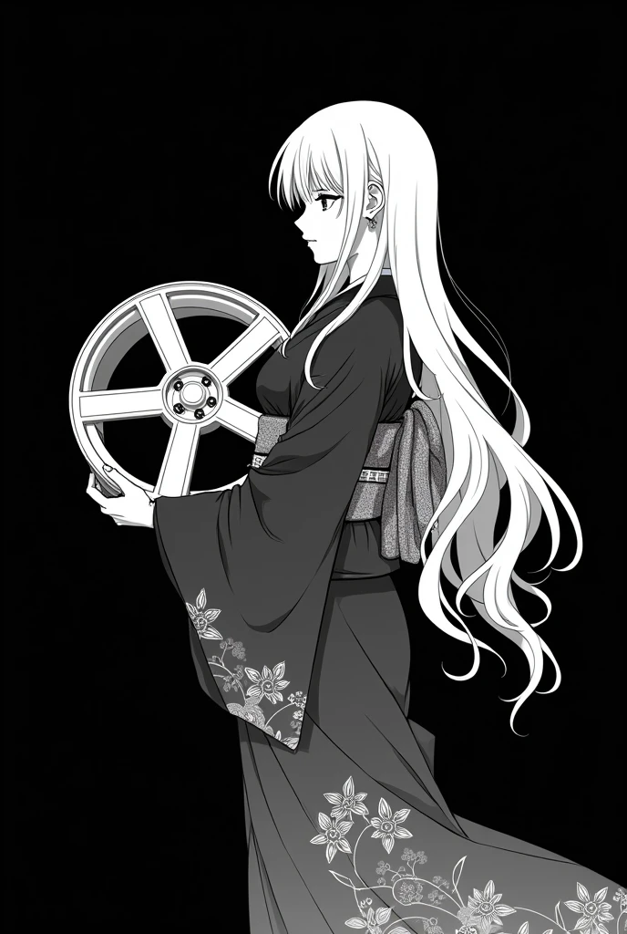Drawing with a white pen on a black background。
No grey, just black and white。
A woman in a kimono holding a single car wheel。
Anime Style。
The woman has white hair。
The wheel facing sideways has five spokes。