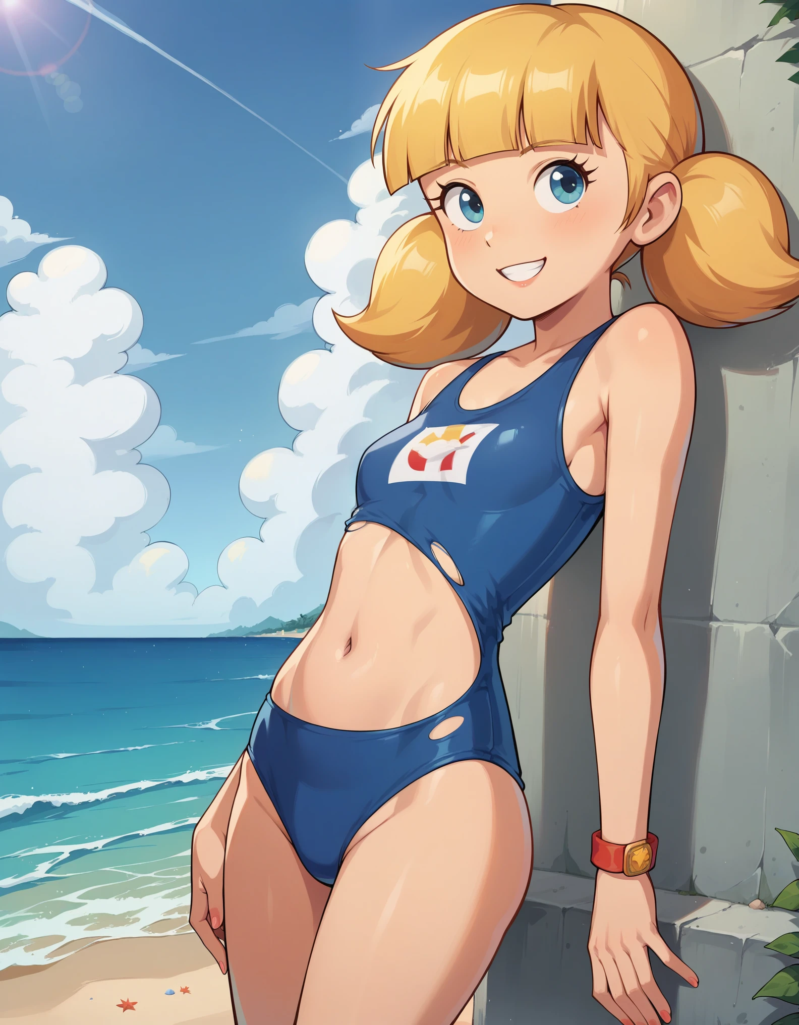 score_9, score_8, score_8_up, score_7_up, sgstyle, BREAK, 1girl, solo, female focus, 1girl, penny_ig, BREAK,  penny, blonde hair, twintails, blunt bangs, solo, beach, ocean, sky, sunny, (torn swimsuit), (belly button, smile), masterpiece, best quality,