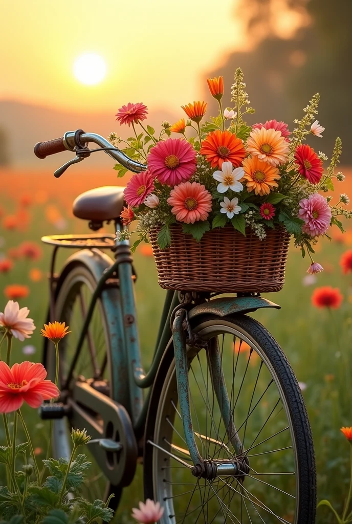 Vintage bicycle with wicker basket with flowers in the background a flower field with sunset 