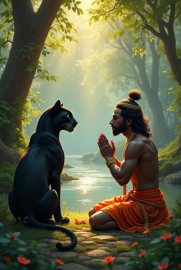 Hanuman ji praying  in a beautiful forest , and 2 black panther sitting beside lord ram with green eye, and water flowing location a very good morning  sunrise 