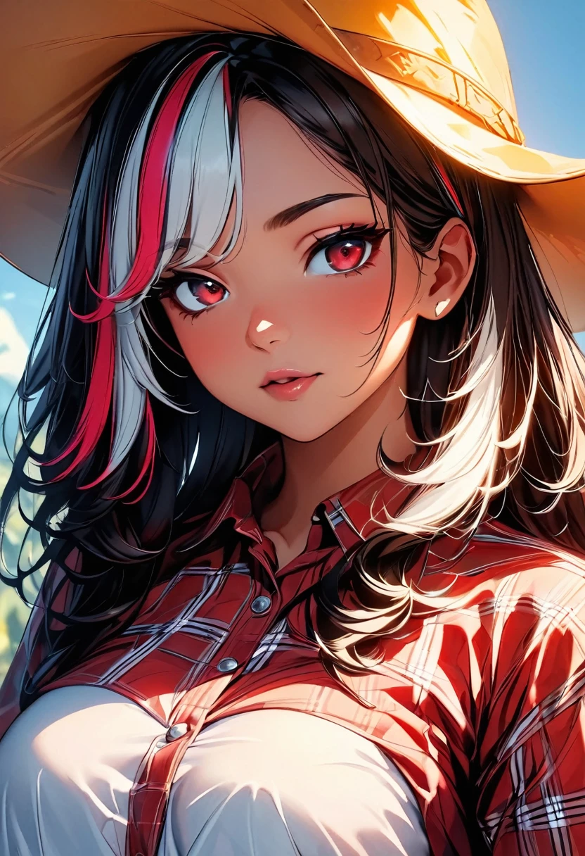 (highest quality:1.2, Very detailed, up to date, Vibrant, Ultra-high resolution, High Contrast, masterpiece:1.2, highest quality, Best aesthetics), Portraiture、girl、singer, solo, ((25-years-old:1)), Bright colors, Beautiful fine details、Beautiful lip detail、medium wave hair、(red and white (streaked hair:1.6)), highlights hair: 1.5, red eyes, slim body, medium breast, (tan skin:1.1), (Floral Fineline tattoo design on left arm:1), ((cowgirl:1.5)), (yellow cowboy hat:1.5), short sleeve plaid shirt, jeans, farm house, blue sky, (cowboy shot),