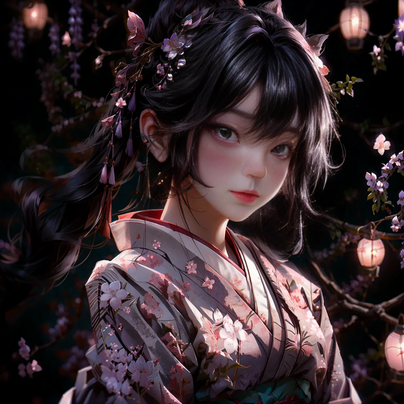portrait of 1 beautiful geisha in the wisteria forest, dark night, , kimono, hanfu, floral print, (Beautifully Aesthetic:1.2),wisteria, peace, tranquility, serenity, petals