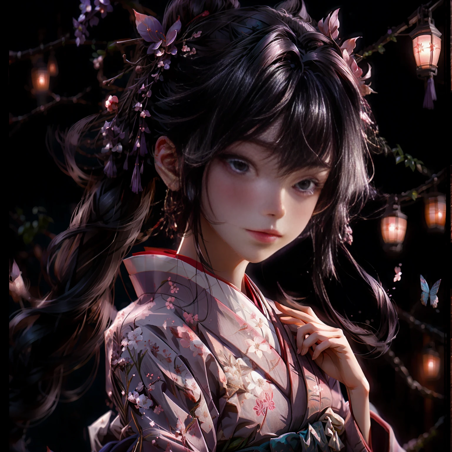 portrait of 1 beautiful geisha in the wisteria forest,  dark night,  , kimono, hanfu, floral print, (Beautifully Aesthetic:1.2),wisteria, peace, tranquility, serenity, petals
