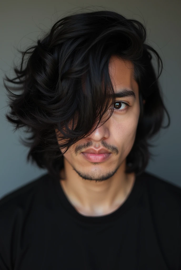 a man with shoulder length black hair covering one side of his face