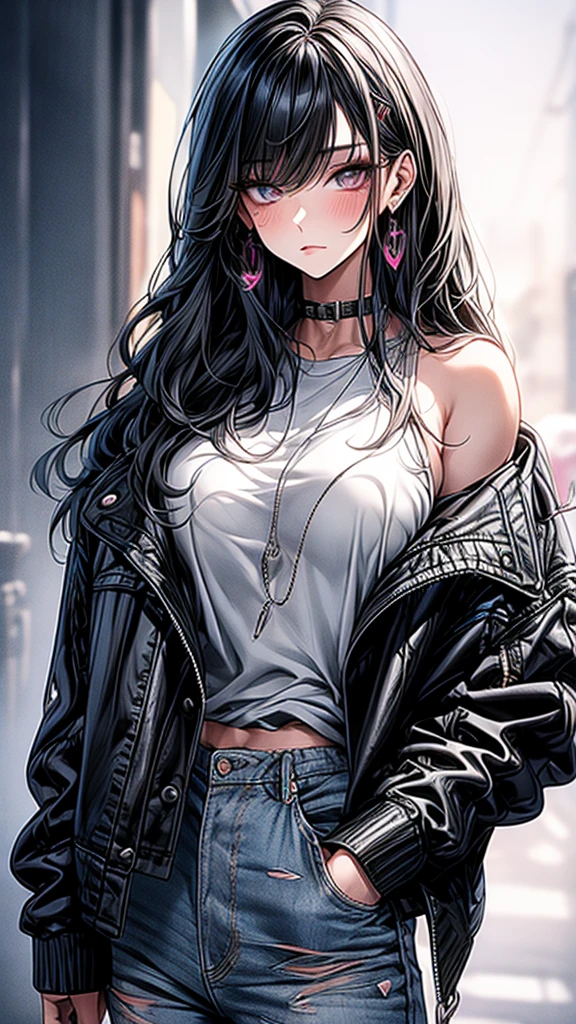 high resolution, Anatomically correct, best quality, Highly detailed, 1 girl, looking at the audience, Anatomically correct, best quality, colorful hair, Hair highlights, white hair, black hair, Uneven hairstyles, Uneven bangs, I have very long hair., full bangs, big breasts, Dark makeup, Embarrassed, Light blush on the cheeks, Dark eyes that are multi-colored, Gradient eye color, The left and right eyes are different colors., Chin foot, Close-up photography, Anime style,mature body, black leather jacket and Jean and white tank top. 