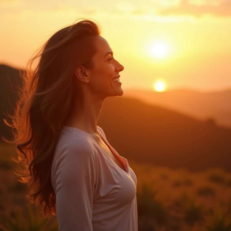 An image of a confident and self-assured woman, looking at the horizon with a serene smile on his face. Ao fundo, a natural landscape at sunrise, with golden lights radiating a feeling of hope and new beginnings. In a corner of the image, de forma discreta, a representation of the Star of David in a modern and elegant style. Add soft light elements to create a mystical and attractive effect, that aligns well with the message of the text.