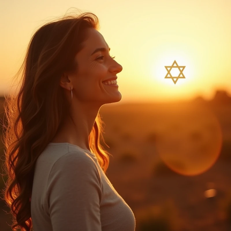 An image of a confident and self-assured woman, looking at the horizon with a serene smile on his face. Ao fundo, a natural landscape at sunrise, with golden lights radiating a feeling of hope and new beginnings. In a corner of the image, de forma discreta, a representation of the Star of David in a modern and elegant style. Add soft light elements to create a mystical and attractive effect, that aligns well with the message of the text.