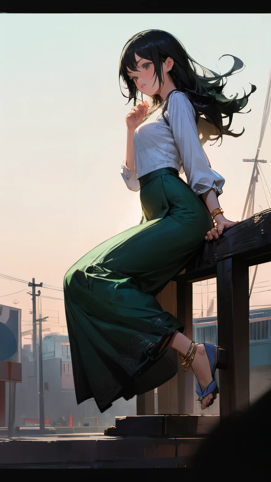 best quality, masterpiece, cinematic lighting, intricate, simple background, detailed face, full body, (masterpiece), (best quality), (ultra detailed),(disheveled hair),(illustration), (1girl), beautiful detailed eyes, delicate beautiful face, (high saturation), (shining), 1 girl, wearing acmmsayarma outfit, acmmsayarma white top, lace long sleeves, ((acmmsayarma dark green long skirt)) , Layered necklaces, anklets, outdoor