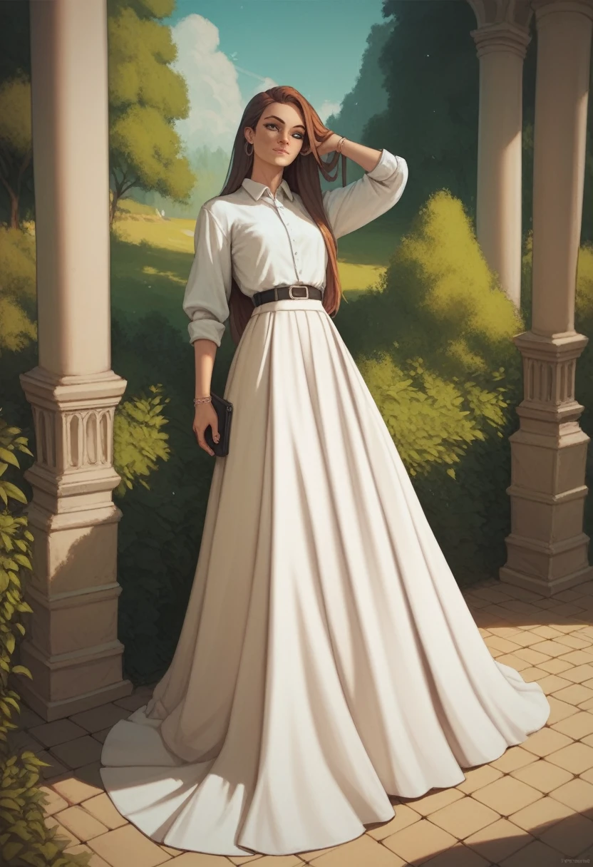 Girl, black long skirt , skirtis very long, street, standing