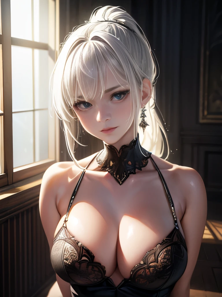 (Highest quality, masterpiece:1.2), Ultra-high resolution, Realistic, Front lighting, Intricate details, Exquisite detail and texture, One girl, alone ,(young), Facial highlights, Upper Body, Detailed face, Teardrop Mole, white skin, Silver Hair, ponytail, Braid, Staring at the audience, Big eyes, silkドレス, (Hollow pattern, white, silk), Earrings, Ample breasts, slender body, Luxurious Room, Professional Lighting, Photon Mapping, Radio City, Physically Based Rendering,