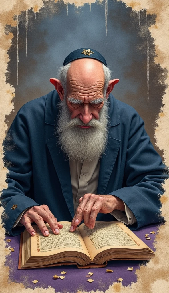 Vintage collage with a magical Kabbalah Book and someone reading it who looks like a Jewish scholar with violet and blue tones and subtle torn papers in the background