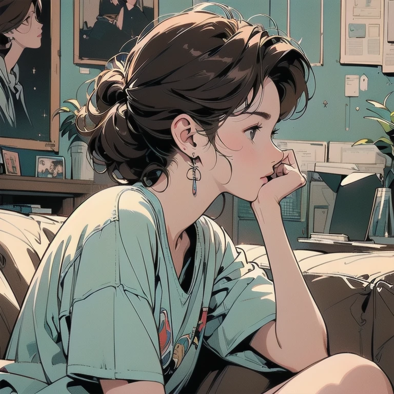 (((Fisheye Lens))), Very wide white background, Superior Quality, masterpiece, 32K, Written boundary depth, Intricate details, (((unmanned))), Very large margins, Lots of text, Company logo, space, Movie Posters,(((office)),Nostalgia, (((Messy room detail))), Panorama, Long Shot, Backlight, (((Dull colors))),(((Only One Woman))), (((Perfect Face))),(((profile))), ,(((Look downward))), 14k, (((Highly detailed background))), (((Highest quality))),(((Cowboy Shot))), Ultra detailed hair, (((Faint lighting))),(((Unique hairstyles))), Pretty woman, (((Ultra detailed face))), ((((Different angles)))), (((Sparkling eyes)))(((Light on the face.))),(((Flat Chest))),(((Short sleeve)))、(((Small room))),short hair,((Foliage plant)),(((Sitting on the couch)))、Perfect hands、Perfect Finger Magazine Cover、(((mysterious)))、(((Brown Hair)))