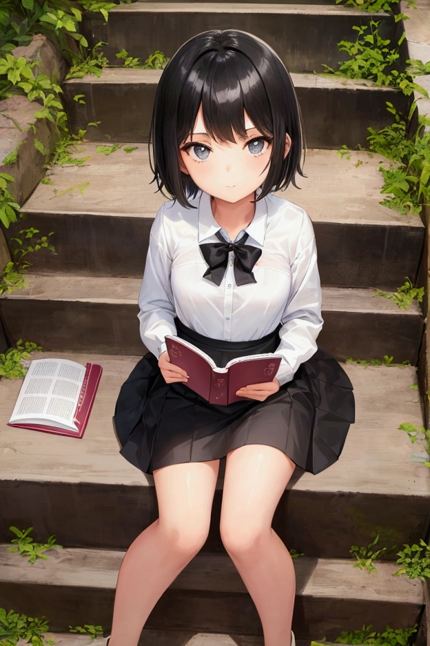 (beautiful 9 year old girl),short height,Sitting on the stairs,Reading a book,black short hair,white shirt,skirt,from above,flat breasts