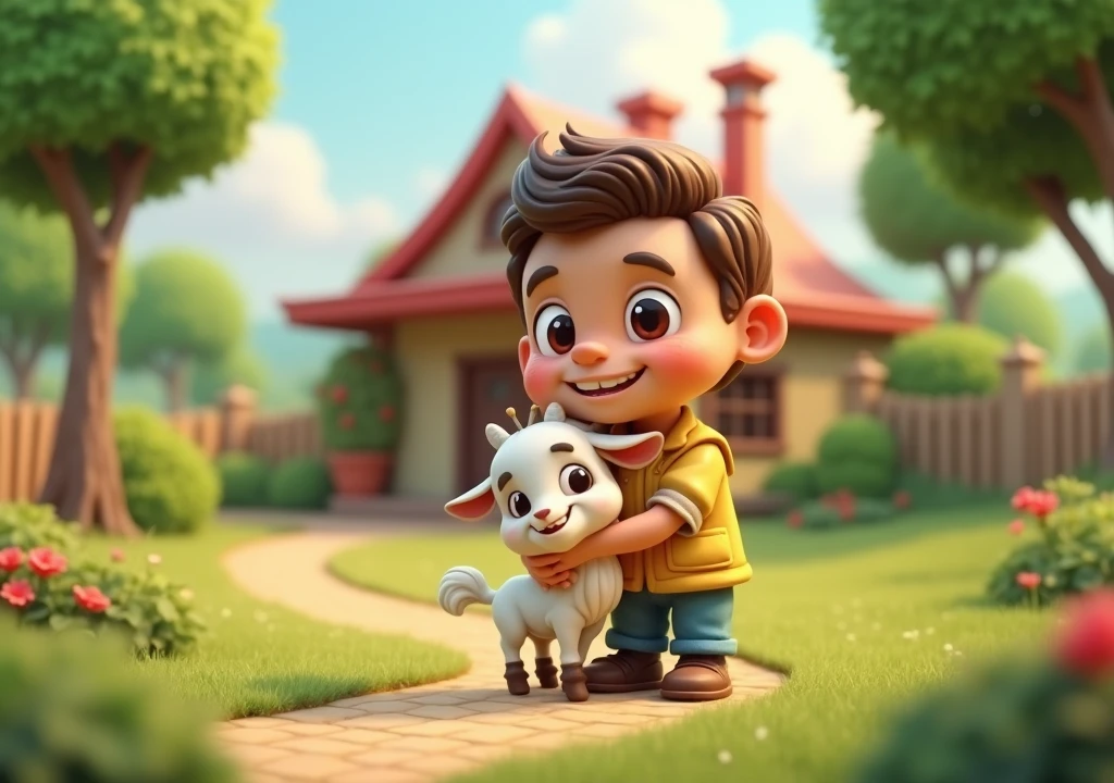 A house with some trees in the background and a man loving his goat in the front cartoon 3d image