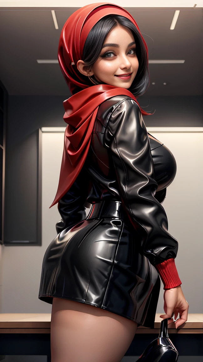 A busty girl with hijabi, of Arab ethnicity, Brown leather, Muslim, mature woman, secretary, Wearing a black jacket, open red shirt, (((black miniskirt))), fishnet jumpsuit, black high heel, Silk scarf, natural breasts, nice round ass, neckline, sexy, thick hips, Beautiful feet, smiling at the viewer, Top view, in a corporate environment, taking a photo in the meeting room. (((take it from behind))))