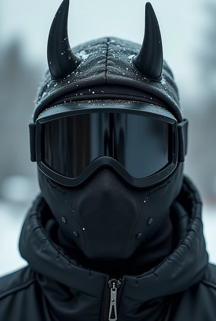 Ski mask with seams on top that look like little horns and goggles over the eyes