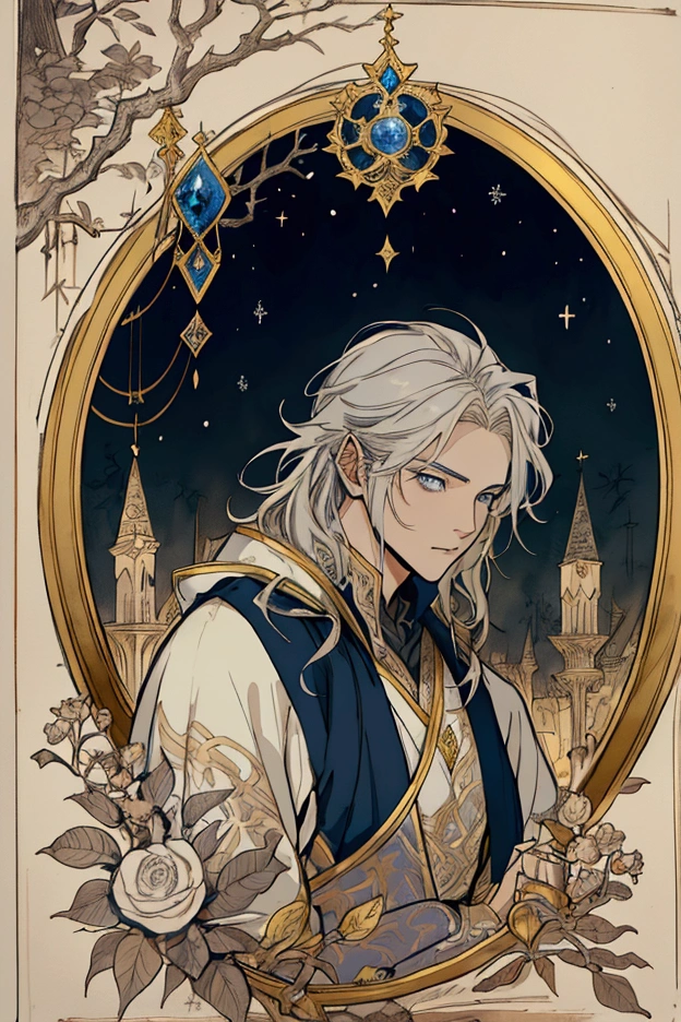 (Masterpiece), ((Highest Quality)),(Official Art),Dark cynicism:1.2),(1 Boy: 1.3), A young, weary king with short blonde hair, blue eyes, wearing a detailed royal robe of silver and gold with religious themes. Wintry sunset background. Detailed drawing. Soft fairy tale picture book Arthur Rackham. Colorful, best detailed ((super detailed)), (highly detailed 2D anime illustration), ((dark and beautiful)) --auto --s2