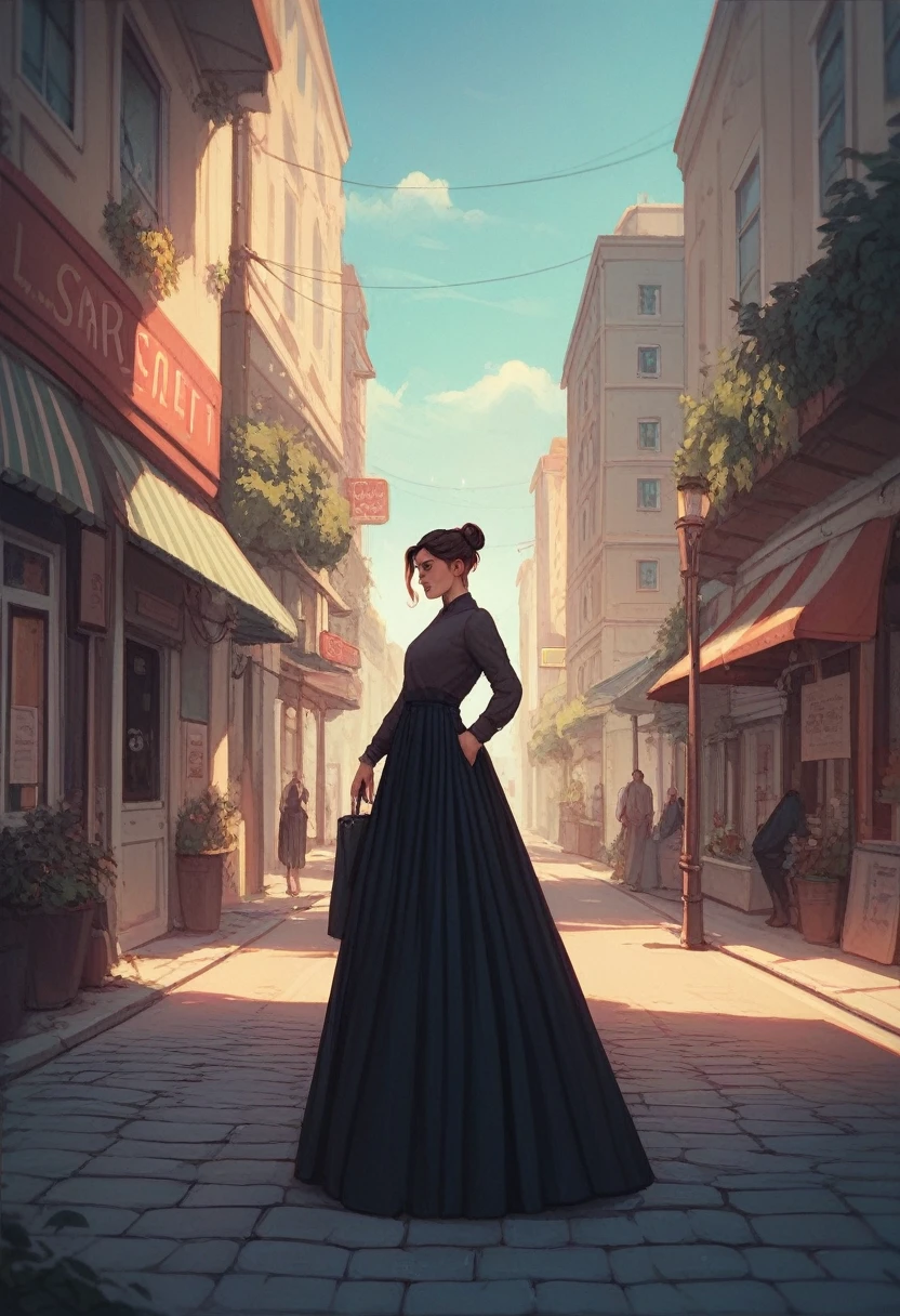 Girl, black long skirt , skirtis very long，street,standing,cool