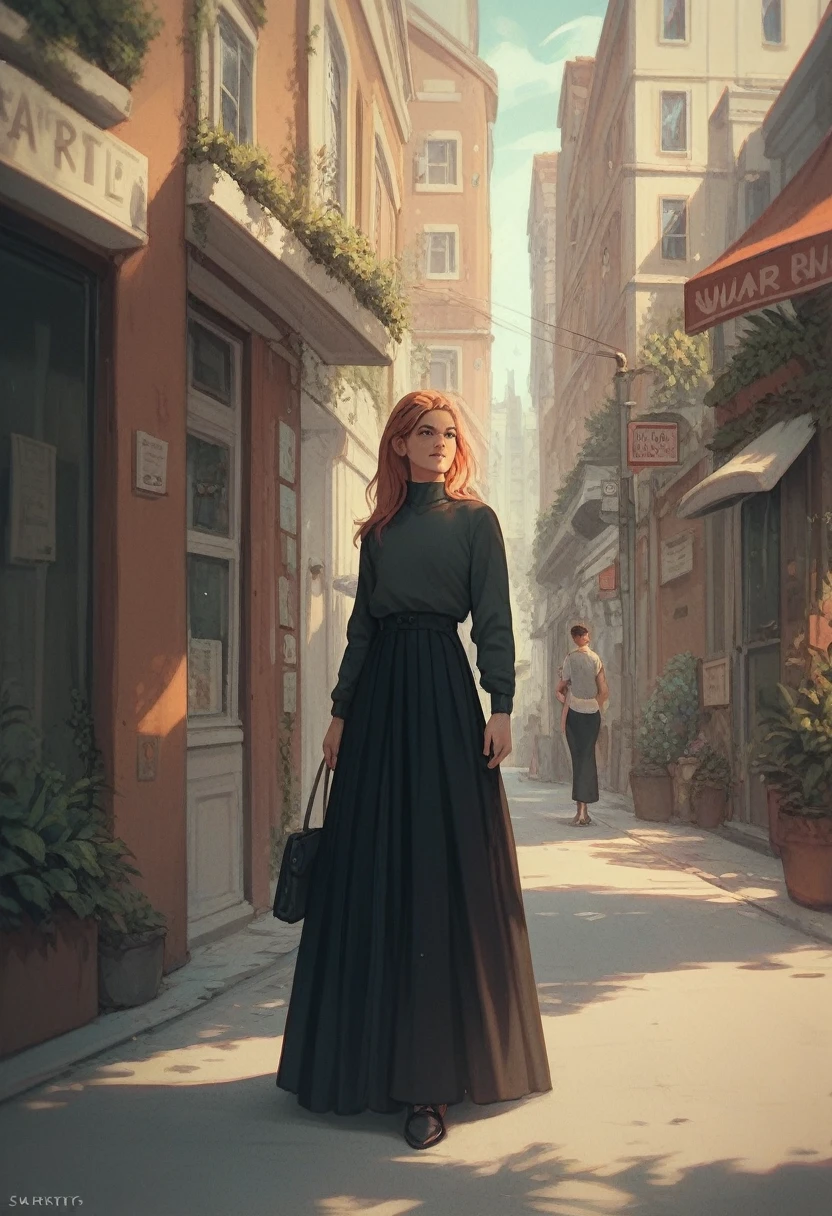 Girl, black long skirt , skirtis very long,street,standing,cool