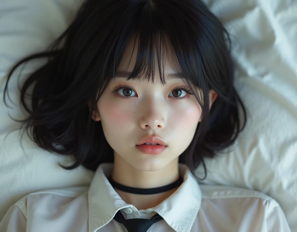 neat girl is beautiful japanese female and beautiful russian female mixed race only in the face age is 17 features of the whole body black hair medium straight bob cut hair style beautiful small face with short eyelashes boyish eyes only high nose dark blue pupils very thin upper lip milky white skin accurate attractive body shape beautiful bust waist hip s thighs knees legs choker and tie on neck shirt with collar lie down full body relux on bed