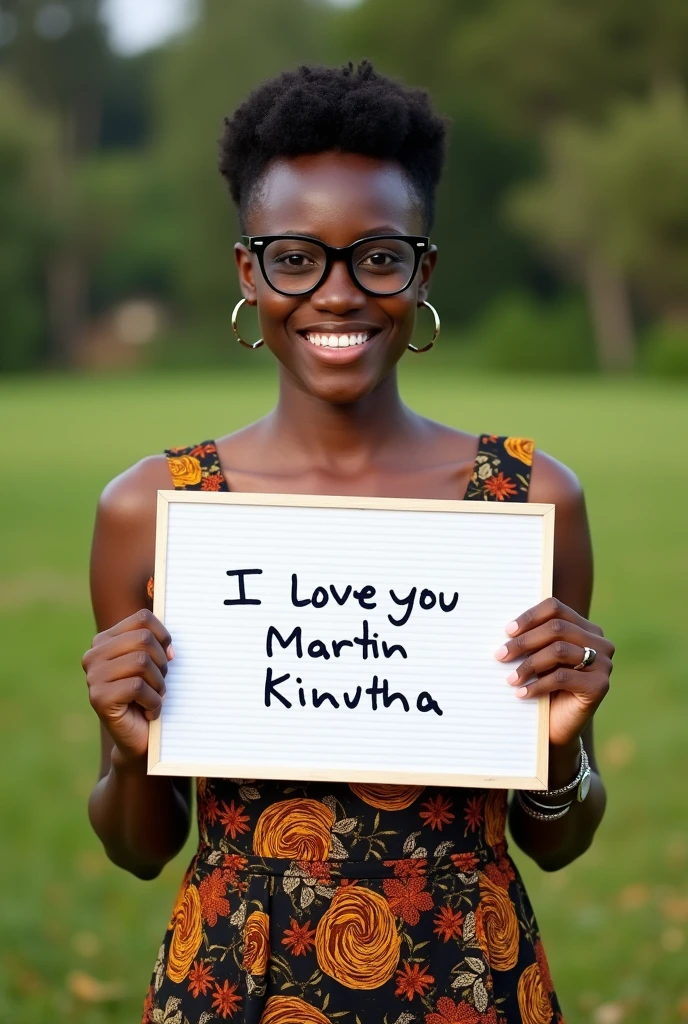 Beautiful black girl with short hair, beautiful brown eyes African dress, wearing black oversized glasses, smiling nature background real photography shot holding a white board with text "I Love you Martin Kinuthia" and showing it to the viewer