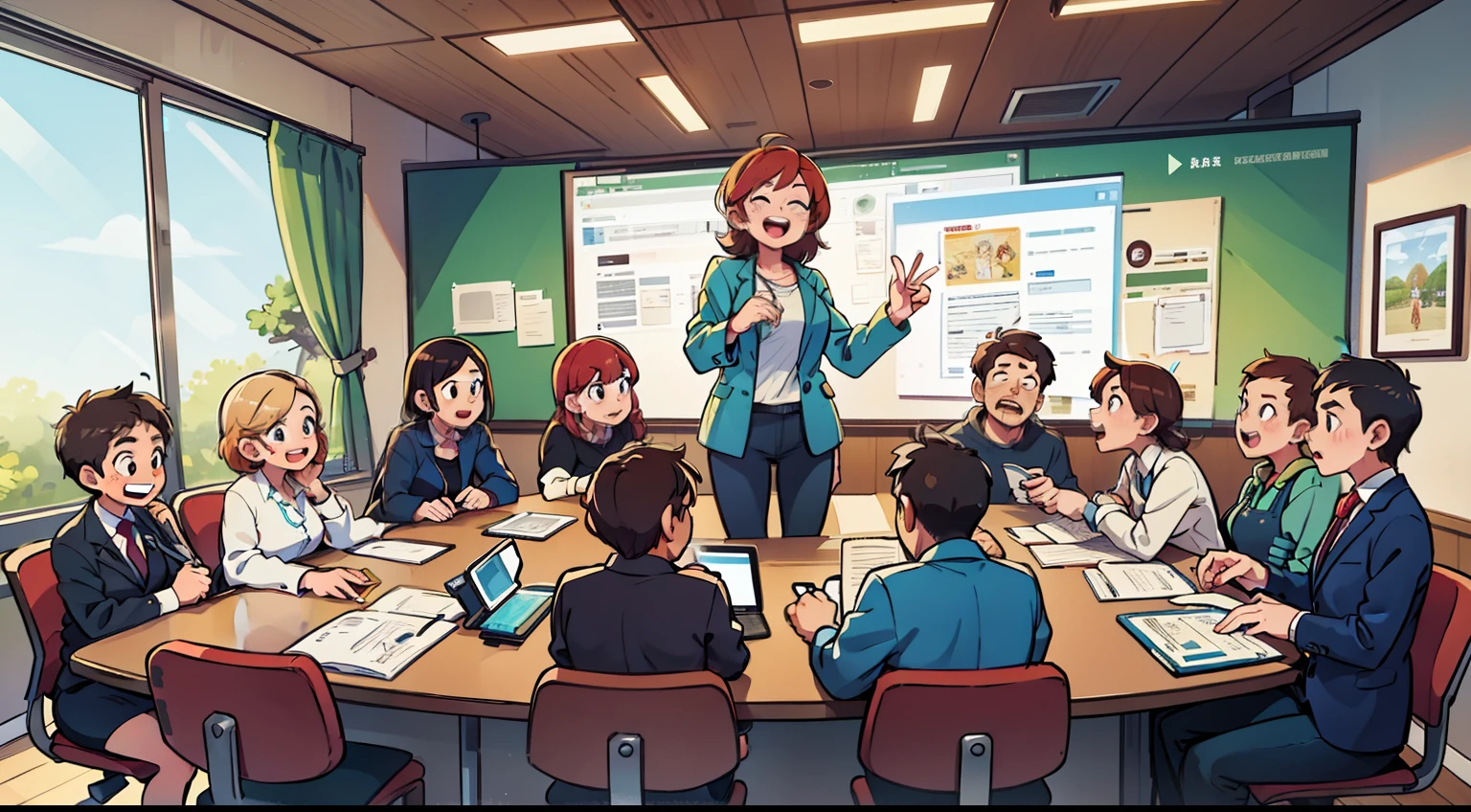 I want a picture of a group of people having a lively meeting in a large conference room