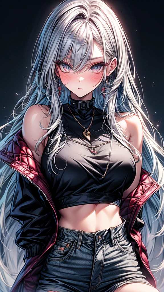 1girl, wlop, (blindfold), breasts, cleavage, cleavage cutout, dress cutout, green background, hair between eyes, headband, high resolution, juliet sleeves, long sleeves, nier (series), nier automata, fluffy sleeves, red lips, shadow face, short hair, solo, turtleneck sweater, upper body, l blue hair, sky, white fox ears, white fox tail, nine-tailed fox,