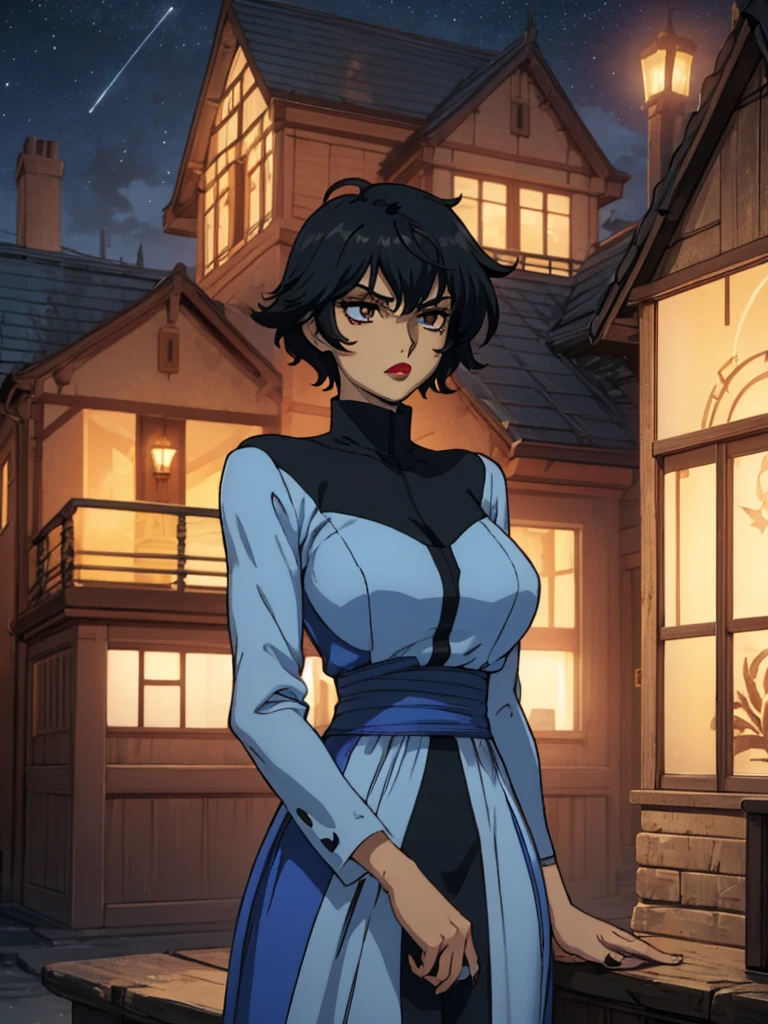 best quality, ultra-detailed, best illustration, masterpiece, high res (1girl:1.3), closed mouth, (19 years old), ((1girl)), ((((solo))), (((alone))), (((genderbend))), (((female))), wide hips, thick thighs, huge chest, narrow waist, ((blue top)), ((blue dress)), ((in a beautiful mansion)), ((anime artstyle)), long eyelashes, ((long black hair)), (((at night))), (red lipstick), (black eyeshadow), (in the dark)