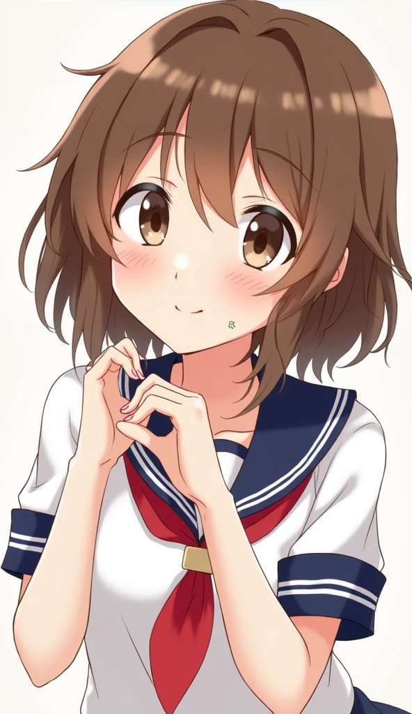 kumiko oumae, kumiko oumae, (Brown eyes:1.5), Brown Hair, short hair, Wavy Hair, Hot Face, blush, Sailor suit, , high school girl, Red ribbon, Downward, smile, very cute and beautiful girl,,(Very detailedな美しい顔), (Highest quality,masterpiece),Absurd,High resolution,Very detailedな,Very detailed,32K,8k resolution, (Perfect hands, Perfect Anatomy),I am smiling at you,full body,