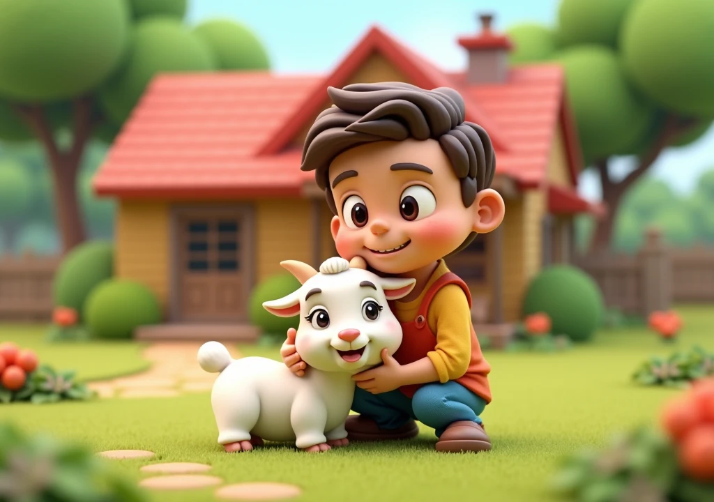 A house with some trees in the background and a man loving his goat in the front cartoon 3d image
