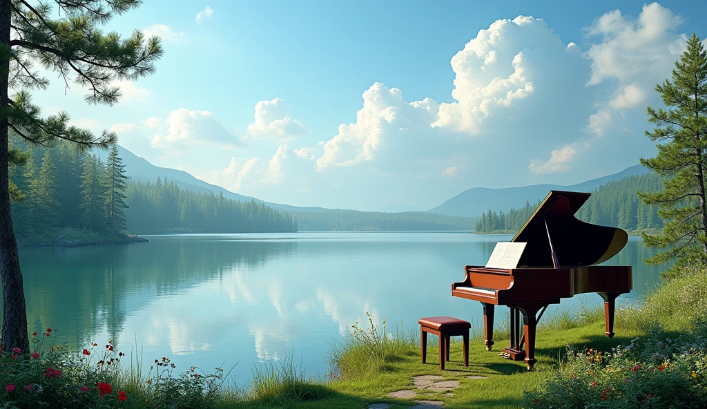 「A grand piano is placed on the quiet lakeside.、Its shape is reflected on the clear water surface.。Fluffy clouds spread across the sky、The sunlight shines softly、Creates a calm and dreamy atmosphere。The surrounding landscape is lush and green.、There are several pine trees and colorful flowers in bloom.、The piano stands out in the natural surroundings。There is music open on the piano&#39;s music stand.、It&#39;s as if a melody is waiting to be played in this quiet place.。」