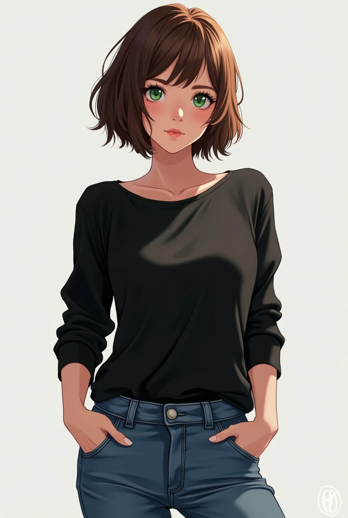 anime character of a woman with a black shirt longsleeve and blue jeans, short brown hair, neck length, green eyes, a digital painting inspired by Tomer Hanuka, trending on pixiv, serial art, heavy gesture style closeup, full body details, wearing casual clothes, style anime, anime style hyper detailed, anime style character, striking detailed artstyle, realistic artstyle, clean detailed anime style, modern anime style, Brown Hair