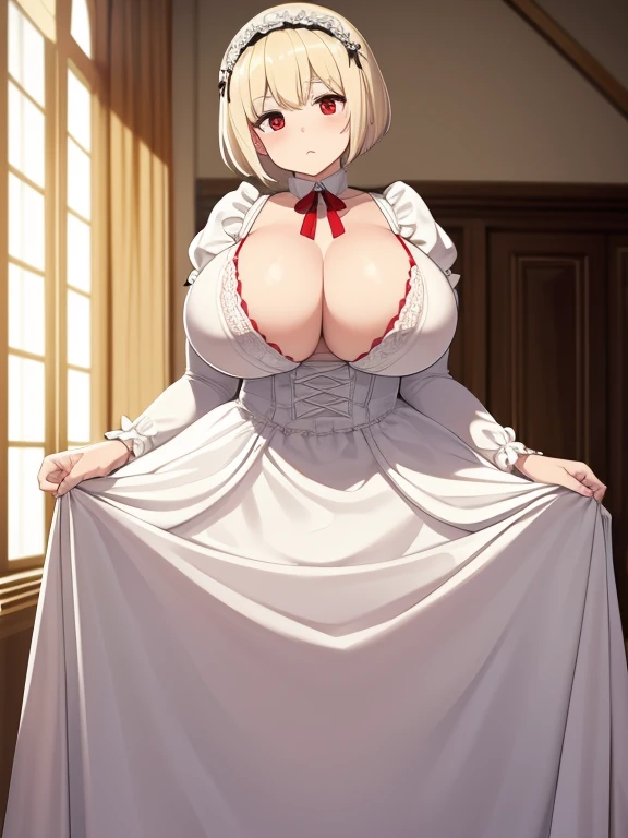 masterpiece,Highest quality,Light blonde short hair。Short Hair。Red Eyes。Droopy eyes。Baby Face。boyish。glamorous。Plump。Big Tits。Very large breasts。Big Tits。Big Boobs。tits。White Lolita。White Gothic Lolita。Frills。Princess Dress。Embarrassed。Bedroom。クソデカtits。clergyman。saint。milf。Voluptuous。Super Breasts。Wedding dress。Long Skirt。Large breasts。lure