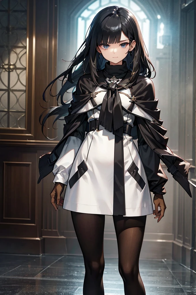 A woman who is often described as charismatic and intimidating. He has black hair, Thick and slightly wavy, Distinctive, angular features frame the face. His sharp dark eyes always seem to analyze their surroundings with calculated coldness.. Her white skin contrasts sharply with her outfit., Usually dark, Functional clothing, Her black coat gives her a mysterious aura.. He stands straight, With an impeccable attitude, It reflects unwavering discipline and self-confidence.