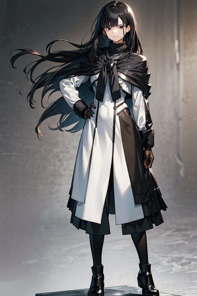 A woman who is often described as charismatic and intimidating. He has black hair, Thick and slightly wavy, Distinctive, angular features frame the face. His sharp dark eyes always seem to analyze their surroundings with calculated coldness.. Her white skin contrasts sharply with her outfit., Usually dark, Functional clothing, Her black coat gives her a mysterious aura.. He stands straight, With an impeccable attitude, It reflects unwavering discipline and self-confidence.