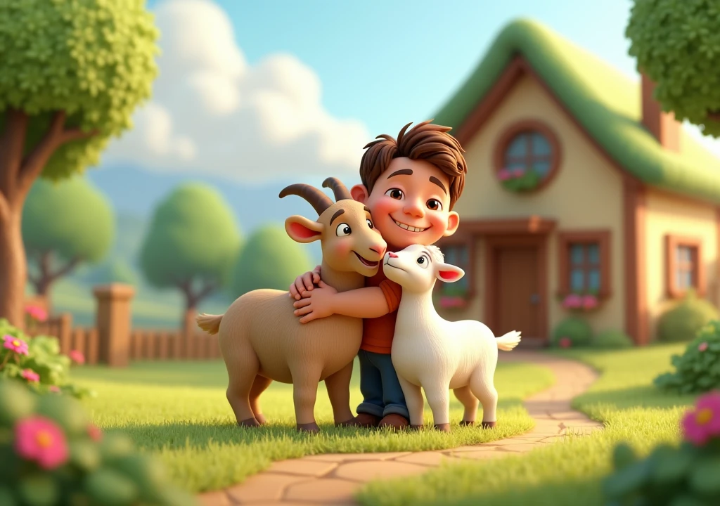 A house with some trees in the background and a man loving his goat in the front cartoon 3d image