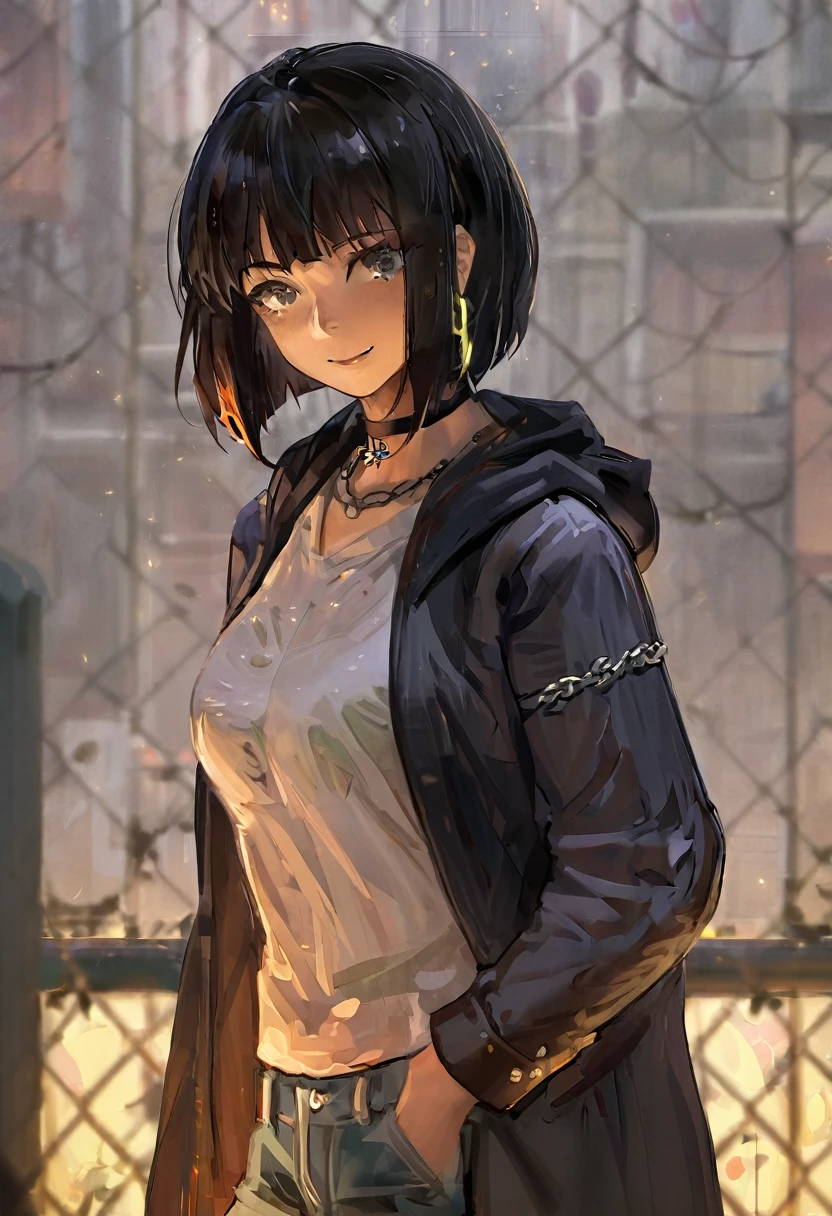 masterpiece, best quality, high quality, hyperdetailedanime painting, anime painting, painterly, realistic painting, soft features, detailed clothes, detailed, rembrandt lighting, solo, masterpiece, best quality, high quality, detailed anime painting, realistic, dramatic lighting, depth of field, guweiz, h3l3n, 1girl, hime cut black hair, grey eyes, neutral expresion, long sleeves, medium breasts, hoodie and jeans, smile, solo, upper body, white shirt, outdoors, black choker, chain-link fence, thighhighs, beautiful color, (amazing quality:1.5),
