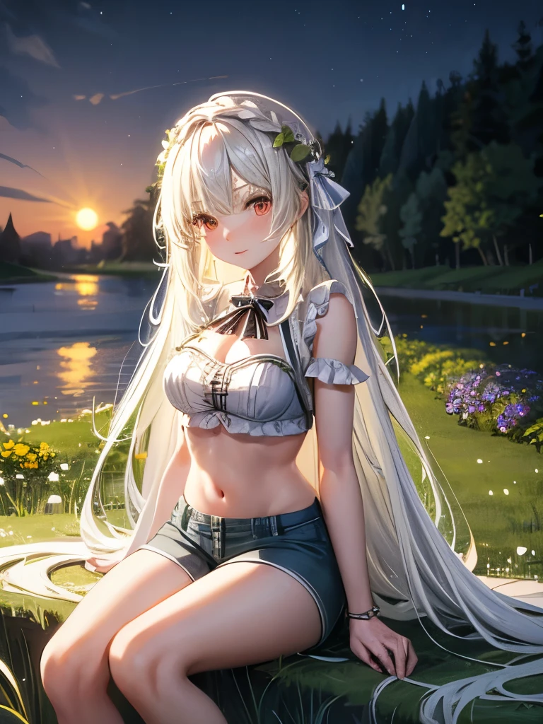 1girl, long_hair, swimsuit, bikini, breasts, solo, navel, bare_shoulders, sitting, blush, looking_at_viewer, stomach, very_long_hair, bangs, white_bikini, outdoors, cleavage, thighs, ocean, braid, choker, water, blue_eyes, closed_mouth, blonde_hair, bare_legs, beach, ribbon, hair_ribbon, medium_breasts, off_shoulder, sky, smile, large_breasts, sidelocks, eyebrows_visible_through_hair, collarbone, day, see-through, cloud