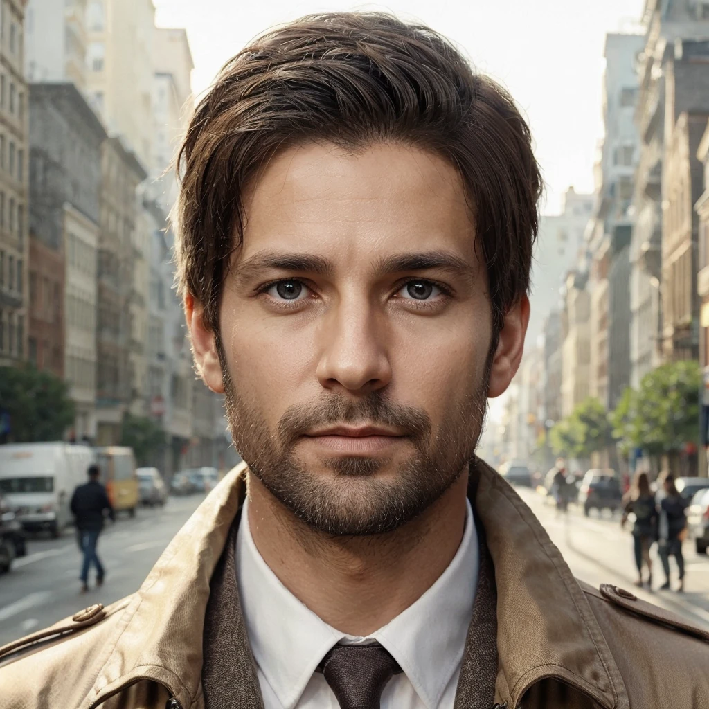 realistic, 43 year old male, nationality: swedish, grey eyes and dark brown hair, apperance looks 30