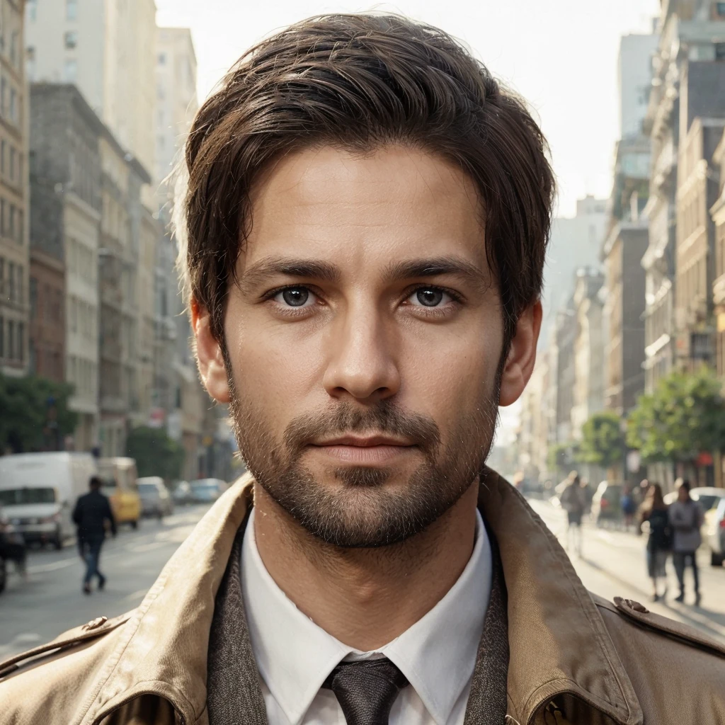 realistic, 43 year old male, nationality: swedish, grey eyes and dark brown hair, apperance looks 30
