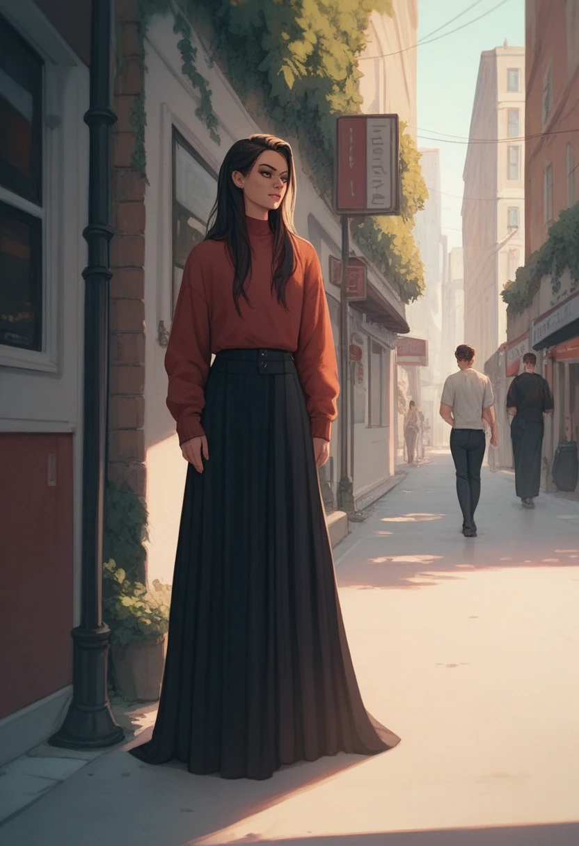 Girl, black long skirt , skirtis very long,street,standing,cool