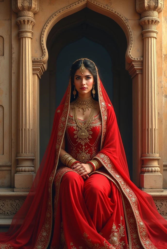 Brave rajput queen sitting in a fort wearing red rajasthani attire and adorned with rajputana jewellery