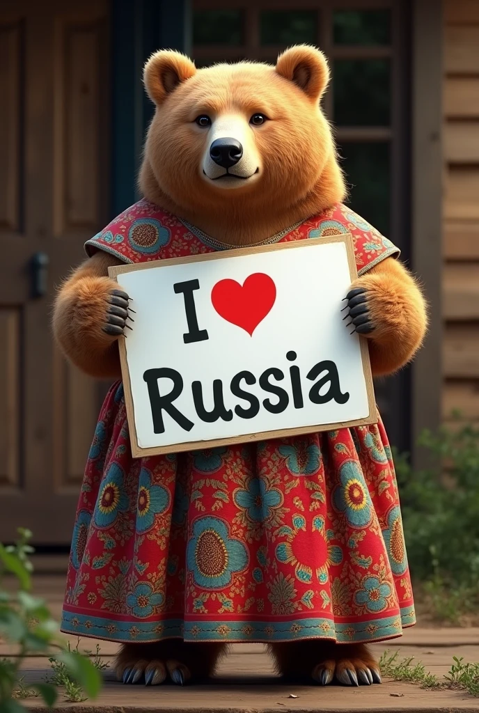 Beautiful russian bear, bohemian dress, holding a white board with text "I Love Russia" and showing it to the viewer