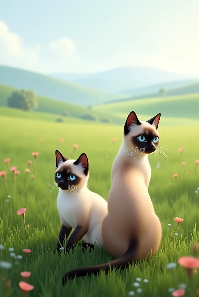 Two Siamese cats in the background of a grassy field