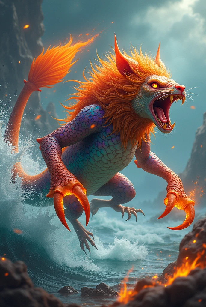 An animal that mixes the body of a colorful fish with the head of a lion and, instead of paws, that has scorpion claws formed by water.
The tail must be made of fire and have a scorpion stinger at the tip..
The background should be of the elements of water and fire mixed together..
The lion has to have its mouth open when attacking.
The drawing must be in the style of realism.